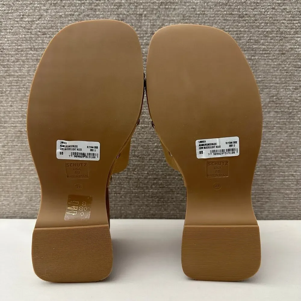 Schutz Lanneh Studded Suede Wood Wedge Platform Slide Sandal Nude Beige Size 8 B